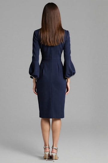 Long Sleeve Bodycon Navy Round Neck Midi Work Dress